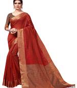 Dark red plain cotton silk saree with blouse