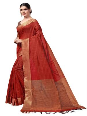Dark red plain cotton silk saree with blouse 2