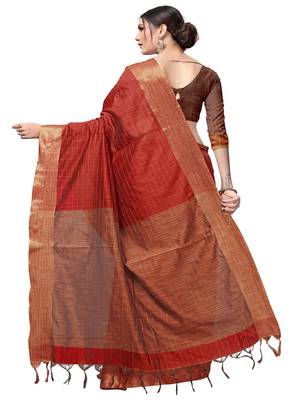 Dark red plain cotton silk saree with blouse 3