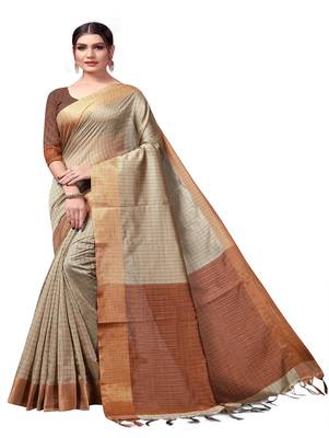 Chiku plain cotton silk saree with blouse 1
