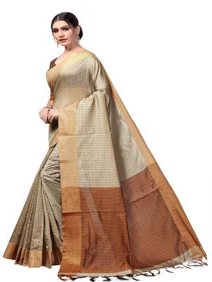 Chiku plain cotton silk saree with blouse 2
