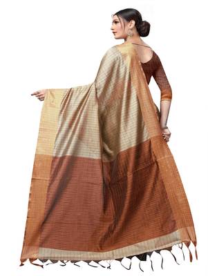 Chiku plain cotton silk saree with blouse 3