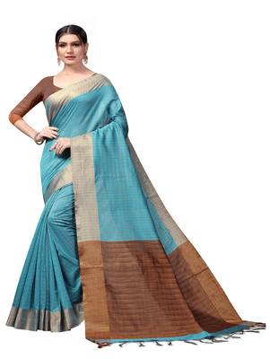 Light sky blue plain cotton silk saree with blouse 1