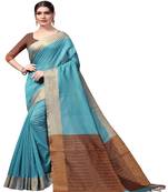 Light sky blue plain cotton silk saree with blouse