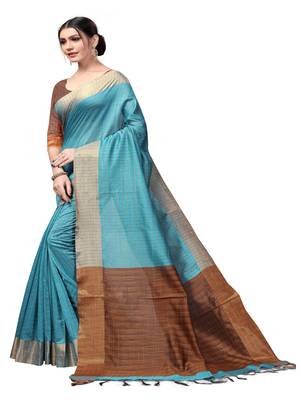 Light sky blue plain cotton silk saree with blouse 2