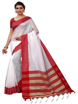 White plain cotton silk saree with blouse 1