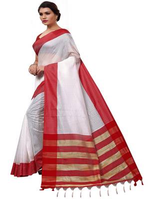 White plain cotton silk saree with blouse 2