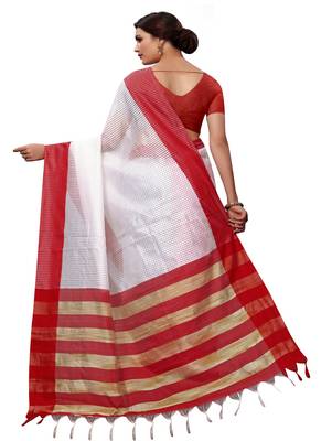White plain cotton silk saree with blouse 3