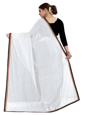 White plain chanderi silk saree with blouse 4