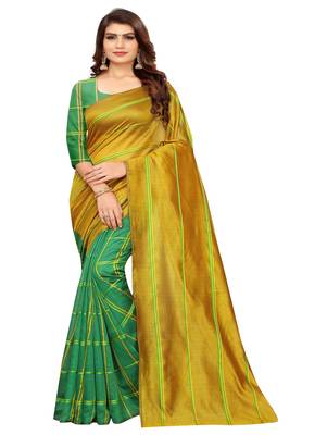 Mustard plain cotton silk saree with blouse 1