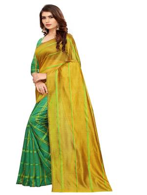 Mustard plain cotton silk saree with blouse 2
