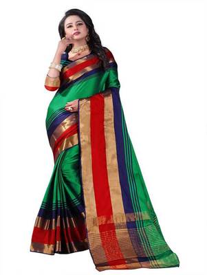 Green plain cotton silk saree with blouse 1