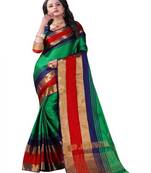 Green plain cotton silk saree with blouse