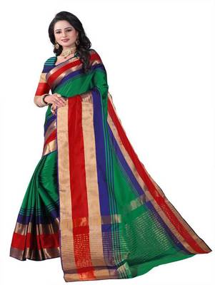 Green plain cotton silk saree with blouse 2