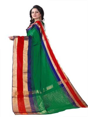 Green plain cotton silk saree with blouse 3