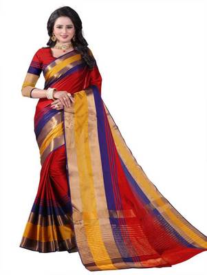 Red plain cotton silk saree with blouse 1