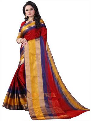 Red plain cotton silk saree with blouse 2