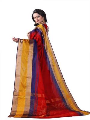 Red plain cotton silk saree with blouse 3