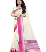Cream plain cotton silk saree with blouse