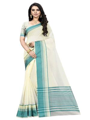 Cream plain cotton silk saree with blouse 1
