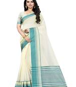 Cream plain cotton silk saree with blouse