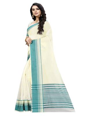 Cream plain cotton silk saree with blouse 2