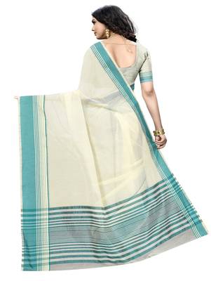 Cream plain cotton silk saree with blouse 3
