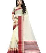 Cream plain cotton silk saree with blouse