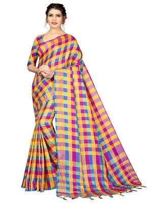 Multicolor plain cotton silk saree with blouse 1