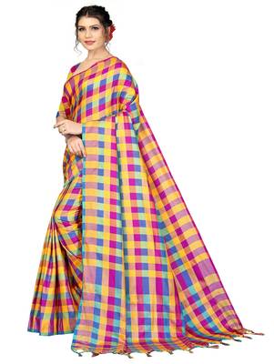 Multicolor plain cotton silk saree with blouse 2