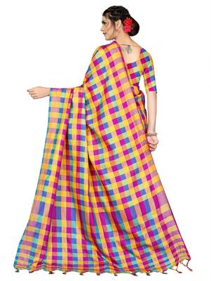 Multicolor plain cotton silk saree with blouse 3