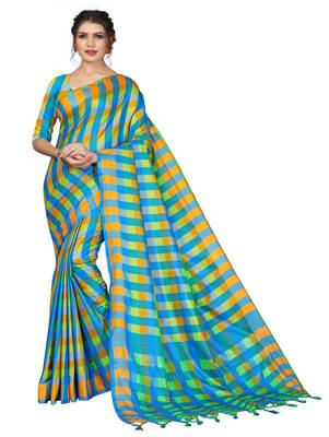 Multicolor plain cotton silk saree with blouse 1