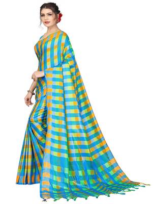 Multicolor plain cotton silk saree with blouse 2