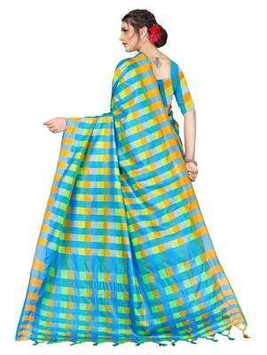 Multicolor plain cotton silk saree with blouse 3