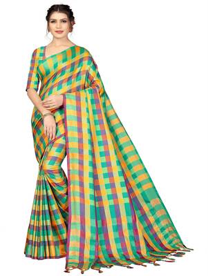 Multicolor plain cotton silk saree with blouse 1