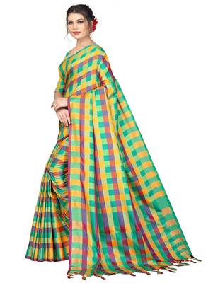 Multicolor plain cotton silk saree with blouse 2