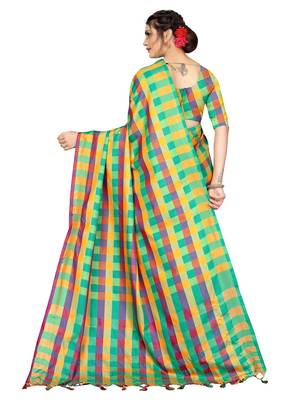 Multicolor plain cotton silk saree with blouse 3