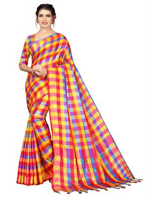 Multicolor plain cotton silk saree with blouse 1