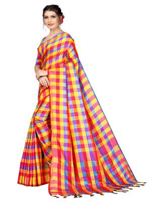 Multicolor plain cotton silk saree with blouse 2