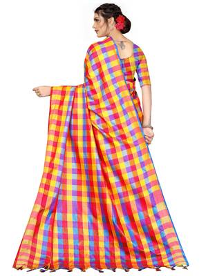 Multicolor plain cotton silk saree with blouse 3