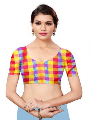 Multicolor plain cotton silk saree with blouse 4
