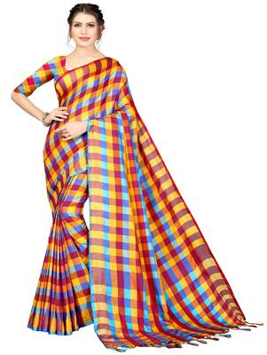 Multicolor plain cotton silk saree with blouse 1