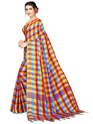 Multicolor plain cotton silk saree with blouse 2