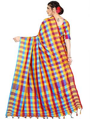 Multicolor plain cotton silk saree with blouse 3