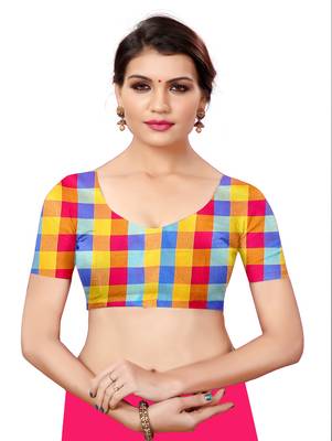 Multicolor plain cotton silk saree with blouse 4