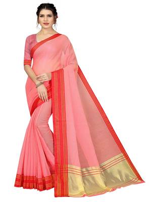 Light peach plain cotton silk saree with blouse 1