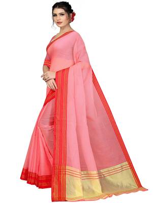 Light peach plain cotton silk saree with blouse 2