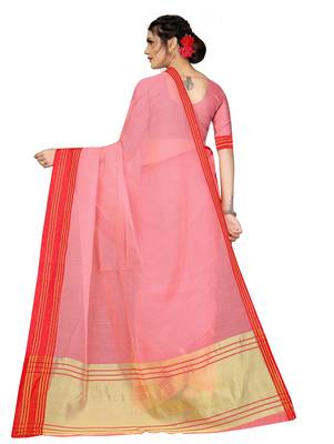 Light peach plain cotton silk saree with blouse 3