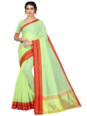 Light green plain cotton silk saree with blouse 1