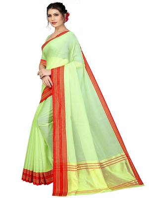 Light green plain cotton silk saree with blouse 2